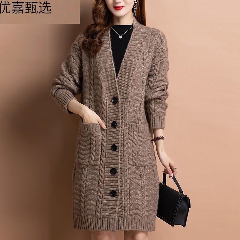 Plus Size Thick Woolen Over-The-Knee Thickeneded Knitwear Autumn and Winter Knitwear Jacket Women's Cardigan Mid-Length Hooded Fashion Windbreaker