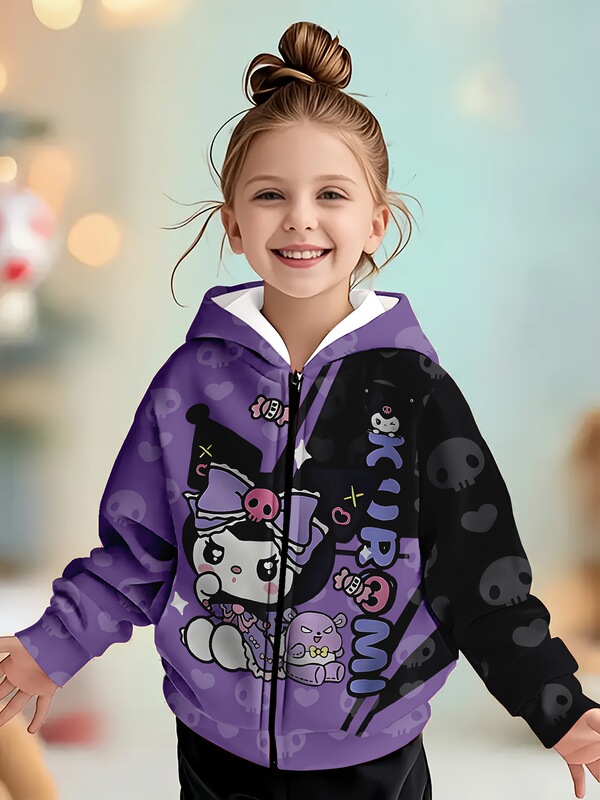 Sanrio Licensed Kuromi Cardigan Hoodie, Girls Fashion 3D Printed Halloween Casual Cardigan Hoodie,