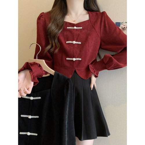 Larger size long-sleeved women's shirt for early autumn, 2025 Chinese style, national wind red, distinctive, slimming, covering the stomach, temperament top