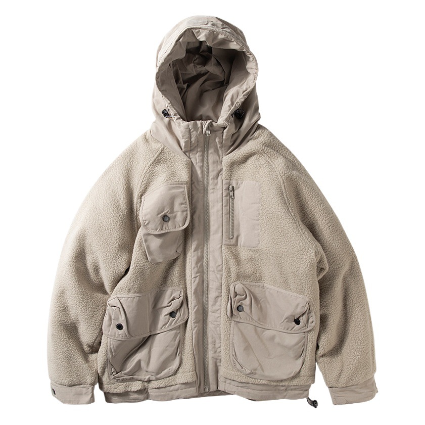 Abrigo acolchado de algodón con capucha de los hombres de Invierno Polar de lana costura acolchado abrigo de los hombres Ropa de trabajo de estilo japonés suelta multi-Bolsillo Abrigo acolchado de algodón hombres