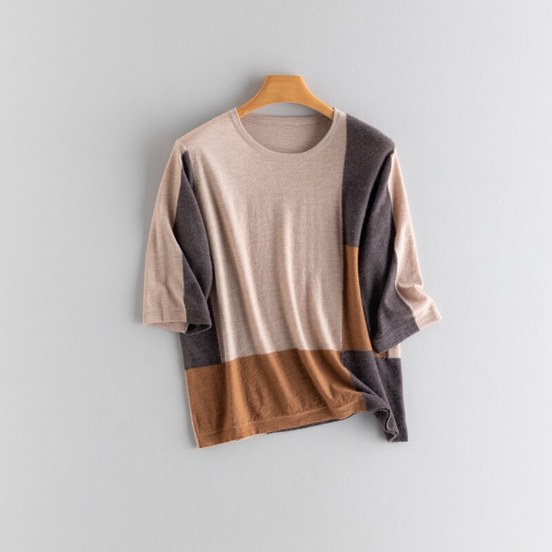 Summer 25 68 Worsted 100 Cashmere Ladies Intarsia Round Neck Short Sleeve Square Color Block T-Shirt Ladies Summer 25 68 Worsted 100 Cashmere Ladies Intarsia Round Neck Short Sleeve Square Color Block T-Shirt Ladies