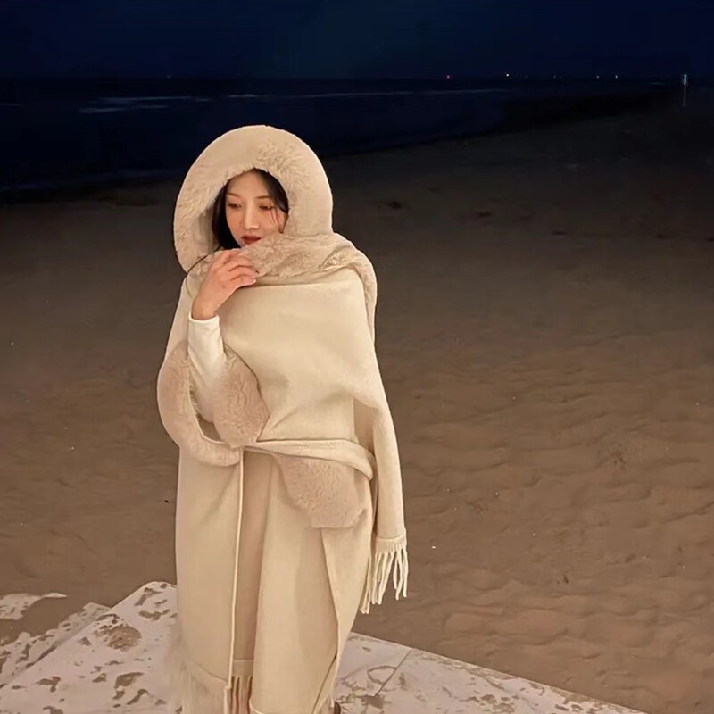 1299 # Live Broadcast Hot New Style Loose Velvet Thickened Fur Collar Hooded Tassel Knitted Shawl Cloak Jacket for Women