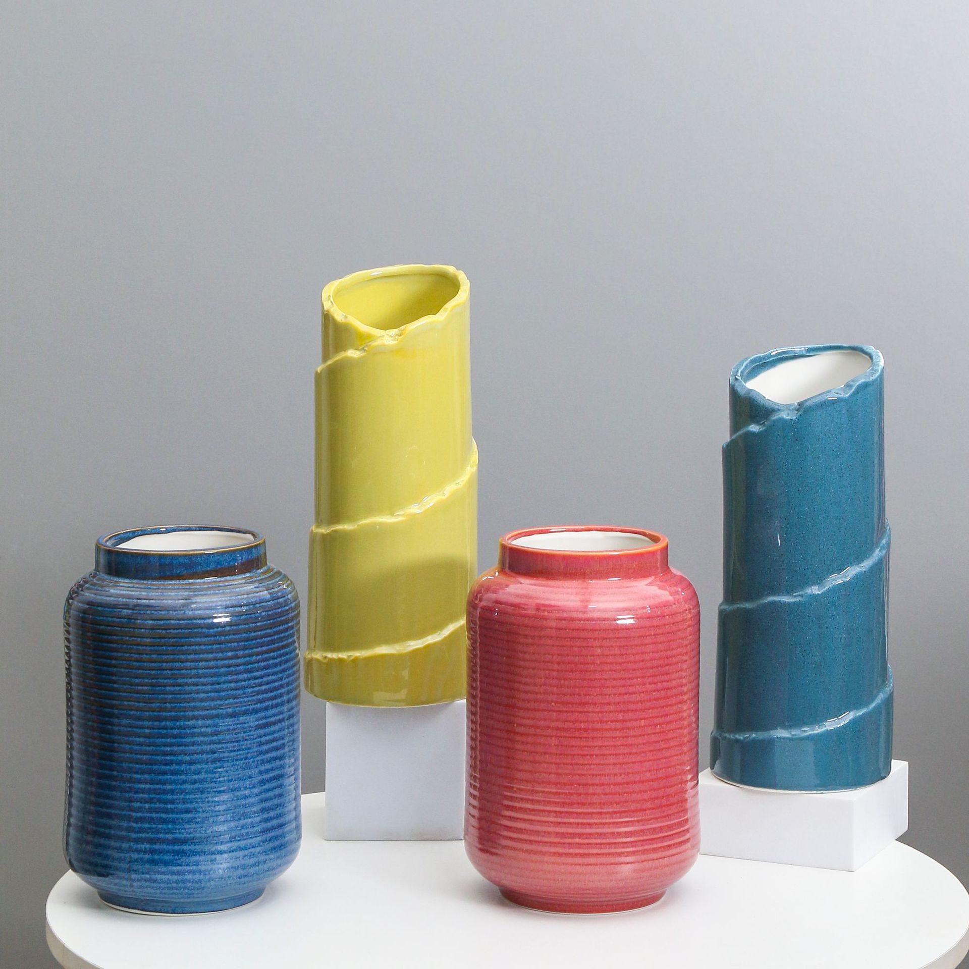 Nórdico ins florero de cerámica boca ancha luz lujo flor seca titular decoración simple retro gran diámetro Azul Rojo Decoración