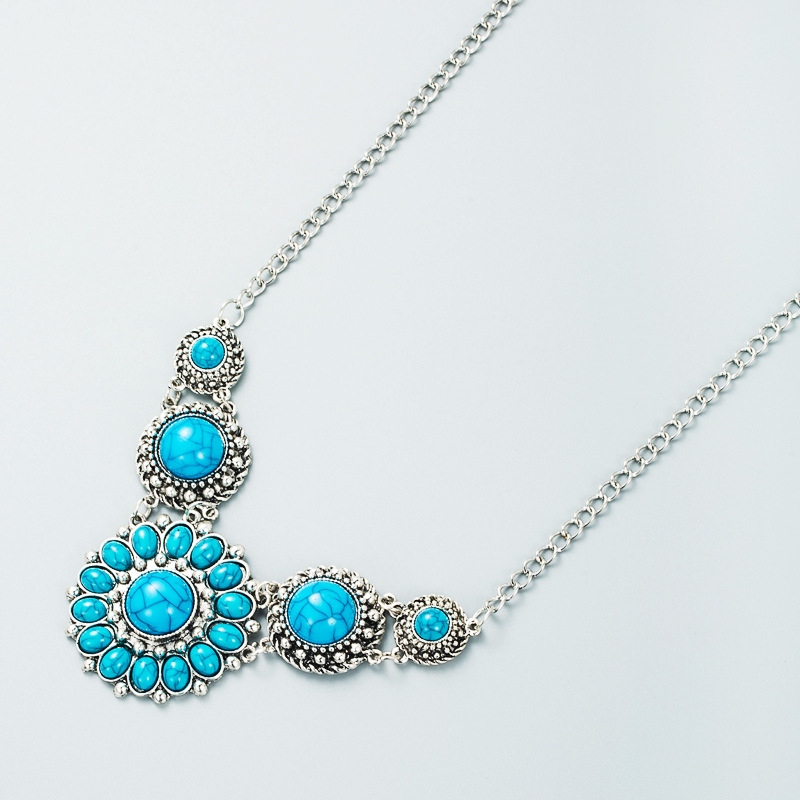 European and American retro sun flower blue turquoise necklace retro ethnic style necklace