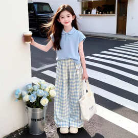 女童夏装格子裤娃娃领POLO衫2026新款中大童时髦洋气韩版运动套装