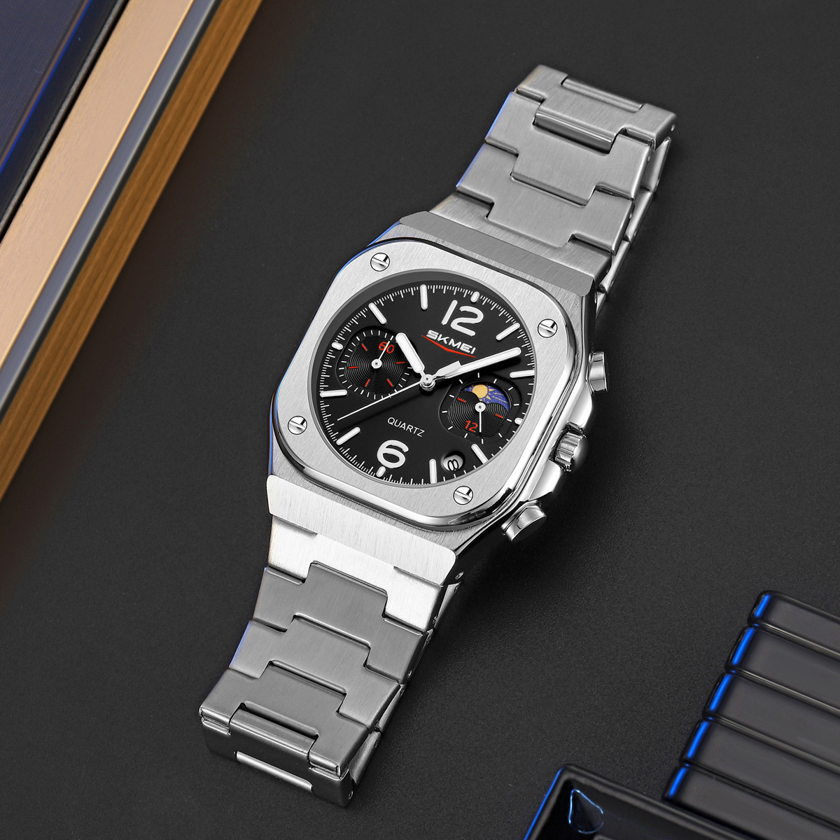 Momento cuadrado reloj de cuarzo cronógrafo único calendario multifuncional correa de acero relojes de pulsera de hombre al por mayor relojes de hombre transfronterizos