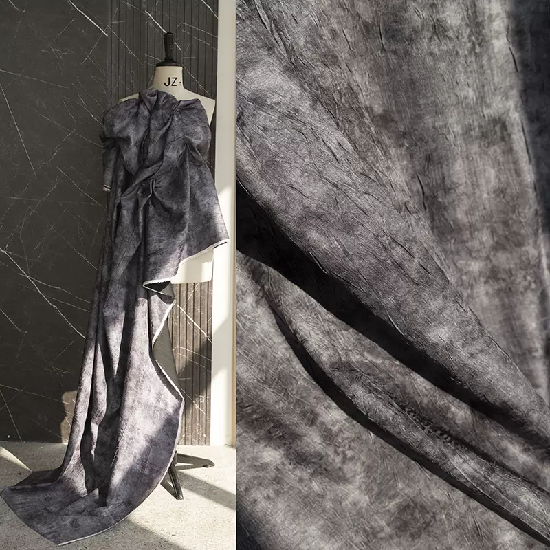 灰色褶皱手工扎染布料肌理西装裙裤连衣裙春夏创意服装设计师面料