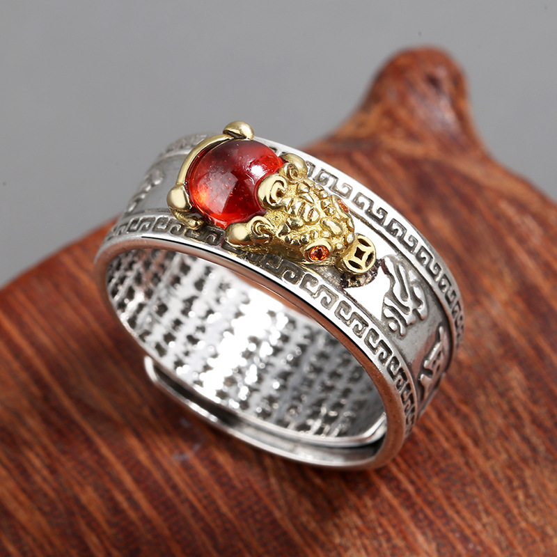 Vintage Thai Silver Garnet Pixiu Ring Adjustable Men Ring_voghion.com