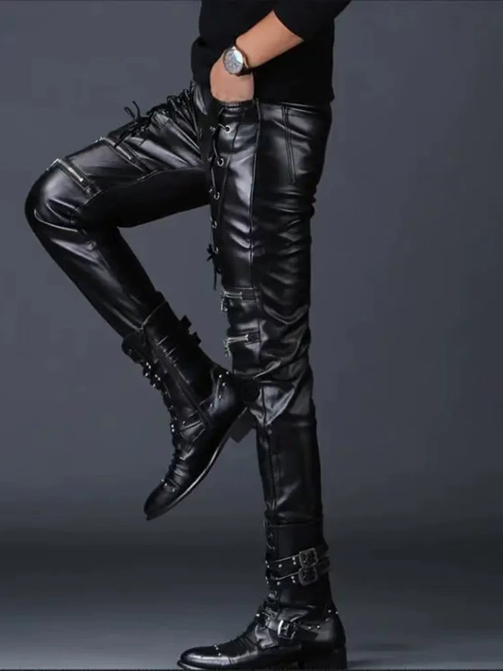 (Cross-border trading), demi-season polyurethane trousers, punk style, slim fit, European style