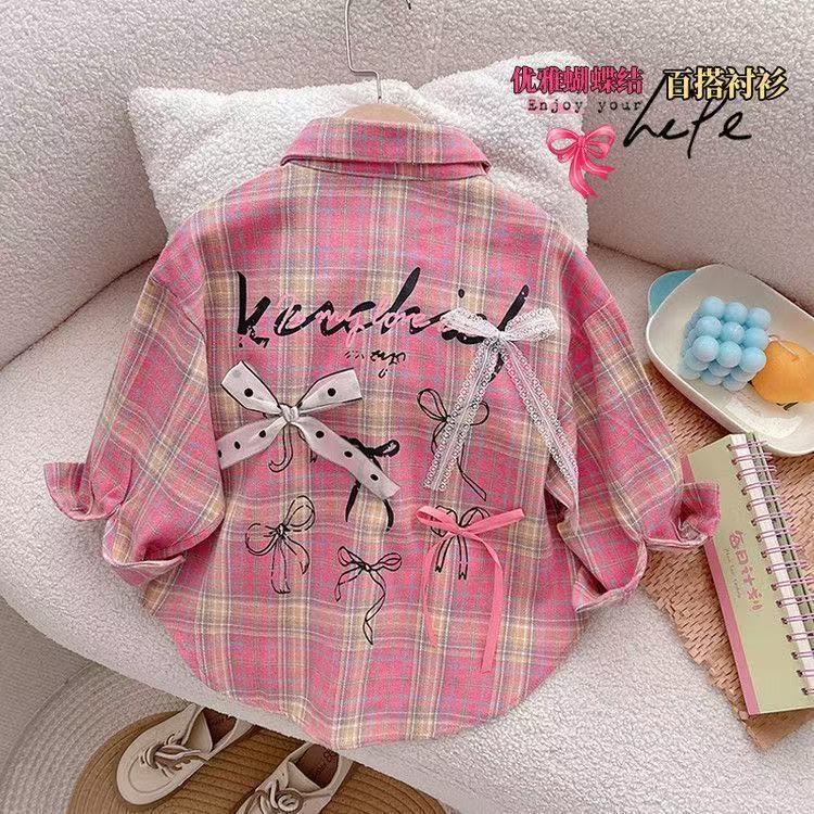 Korean-style pure 100% fashion plaid girls' shirt, 2026 spring and autumn new sweet bow long-sleeve fairy dress for girls Korean-style pure 100% fashion plaid girls' shirt, 2026 spring and autumn new sweet bow long-sleeve fairy dress for girls