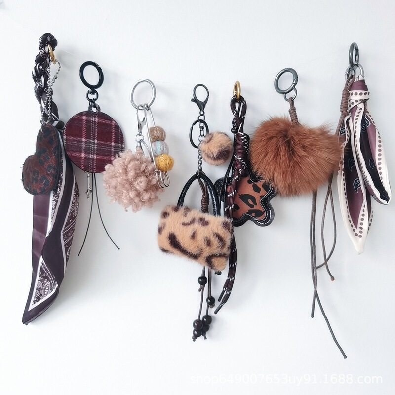 Miu-Style Trendy Denim Bag Charms, Pom-Poms, Leather Cords, Scarves, Heart-Shaped Leather Bag Charms, Versatile