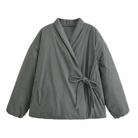 外贸批发秋季新款欧美风双襟系带纯色和服式棉服外套0518047