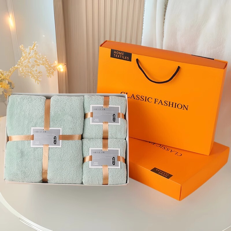 Coral Velvet Gift Box Towel and Bath Towel Set Wedding Souvenir Towel and Bath Towel Set Box Company Annual Meeting Gift Towel