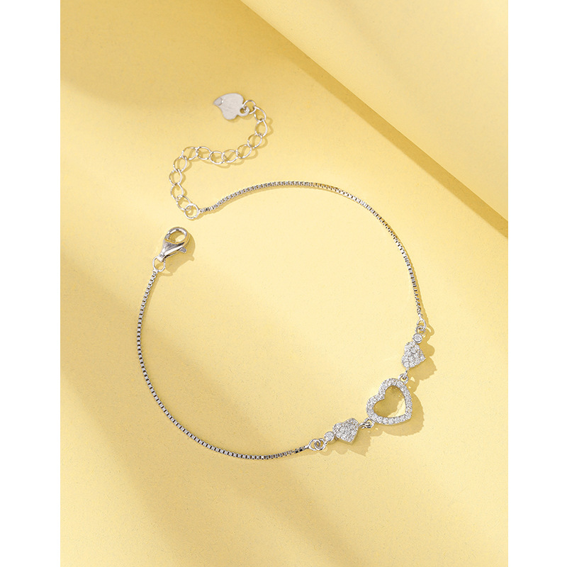 S925 plata esterlina en forma de corazón hueco pulsera femenina estilo coreano moda simple circón micro-incrustaciones pulsera estudiante novias joyería de la mano
