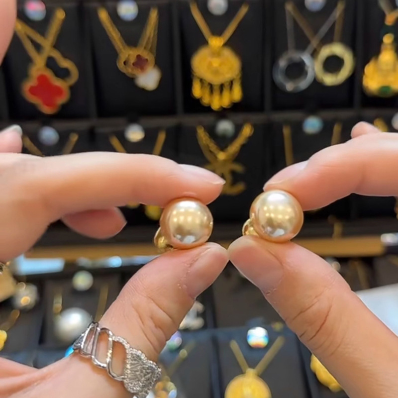 港风复古镶嵌茶色方砖香槟水晶前后戴珠珠耳钉时尚小众设计感耳饰