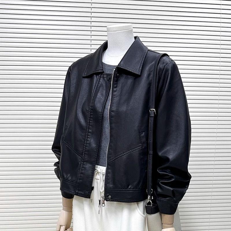 Korean-style black PU leather jacket for women, vintage Hong Kong fashion, stylish and chic, petite biker jacket for women