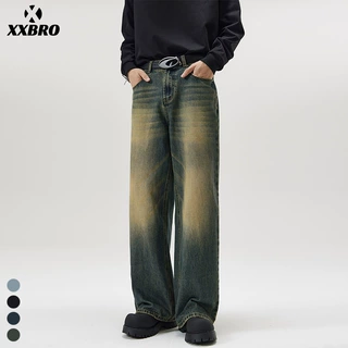 沐希服装 美式高街水洗做旧潮牌牛仔裤拖地款cleanfit宽松直筒裤