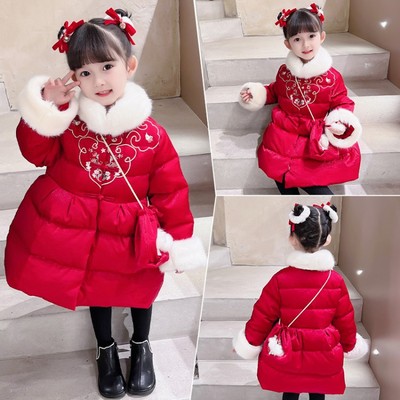 女童唐裝2021冬季新款寶寶風夾棉加厚超仙冬裝花苞年服棉衣潮