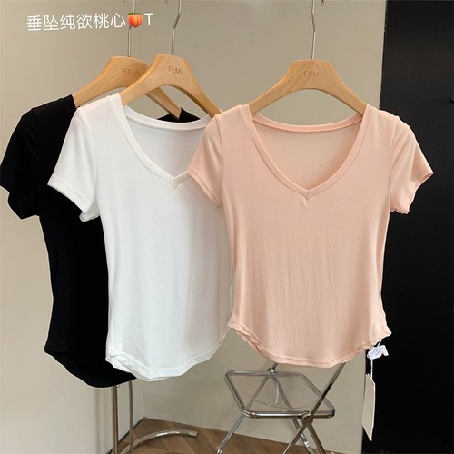 Cotton High-Quality Commute Large Round Neck Elegant Slim Fit Pink Short Sleeve Pullover Solid Color Shirt