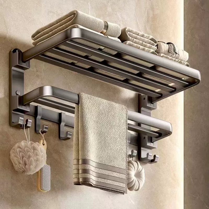 厂家供应枪灰毛巾架卫生间置物架免打孔浴室架子一体挂件收纳置物