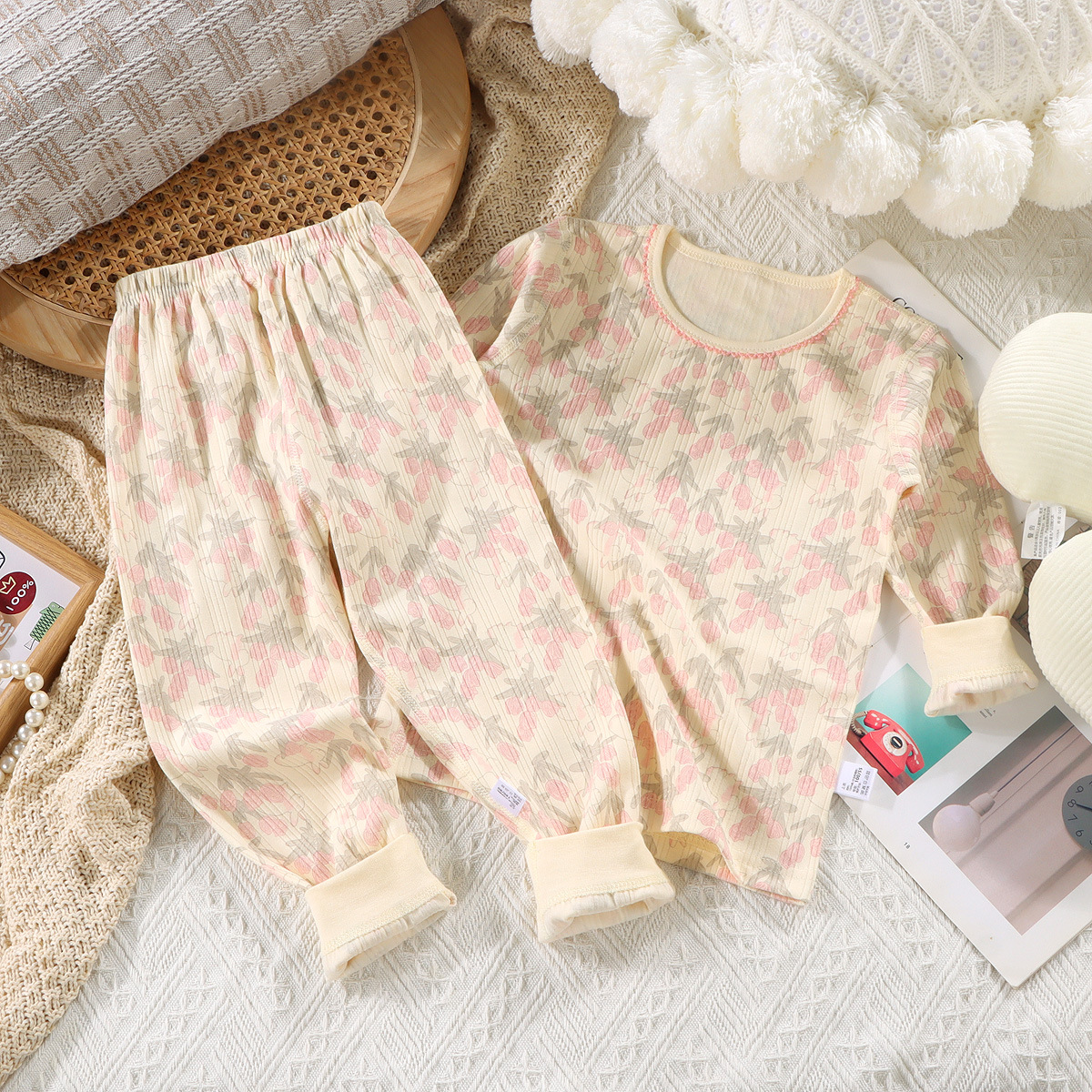 Ropa de otoño de algodón para niños, pantalones largos, pijamas de algodón con tiras verticales deshuesadas para bebés, ropa a domicilio para niños grandes, traje de dibujos animados para niñas