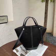 新款牛皮配网格镂空休闲水桶包时尚手提包托特包单肩斜挎包