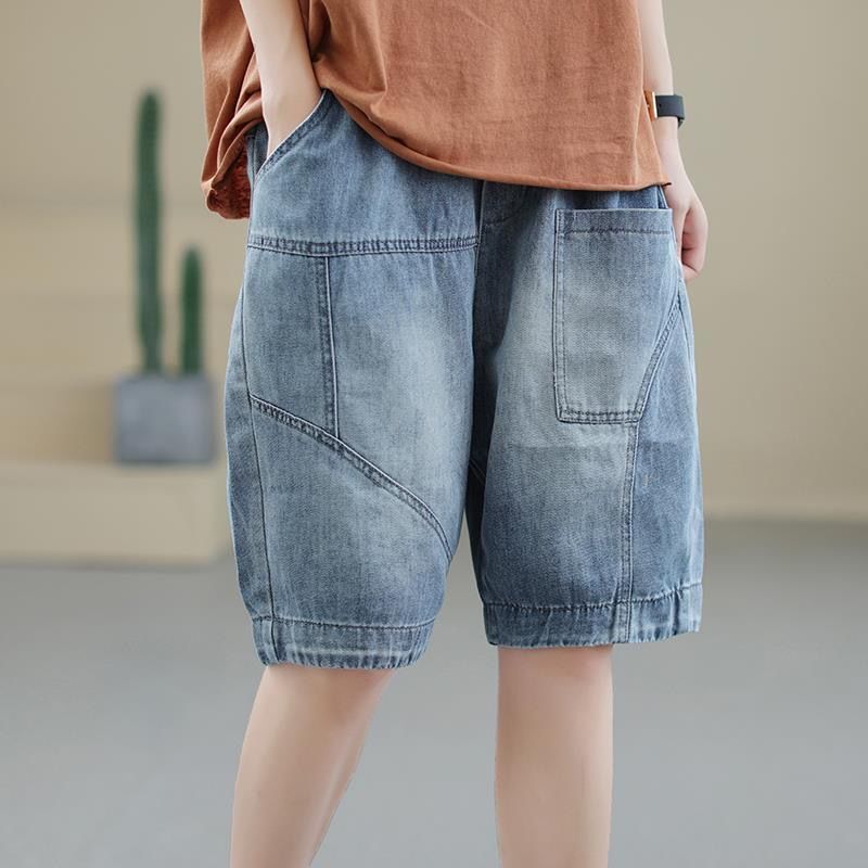 Summer Denim Shorts Women's Half-length Pants Stitching Elastic Waist Light Blue Casual Loose Thin Large Size Women's Mid-length Pants Summer Denim Shorts Women's Half-length Pants Stitching Elastic Waist Light Blue Casual Loose Thin Large Size Women's Mid-length Pants
