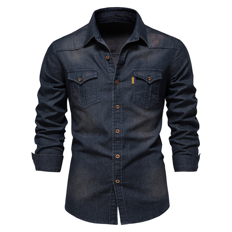 2024 Foreign Trade Cross-border Men's European-size Denim Shirt Men's Casual Solid Color Men's Dannin Long-sleeved Shirt