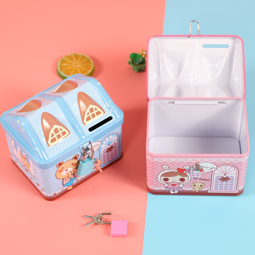 S23 Xiaolingjing tinplate piggy bank cartoon house metal storage coin storage jar for boys and girls with lock
