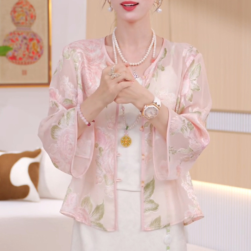 绝美新中式国风外套女夏季桑蚕丝薄款防晒开衫重工刺绣欧根纱上衣|undefined