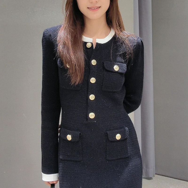 SP Home 24 High-end French Women's Wear Black Hit White Crewneck Long Sleeve Elegant Chanel Style Sequin Knitted Waisted dress