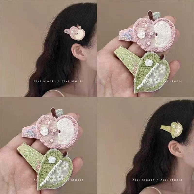 Cute Handmade Embroidered Pink Apple Hairpin Niche Bb Clip Girl's Design Pear Hairpin Side Breaking Chuck