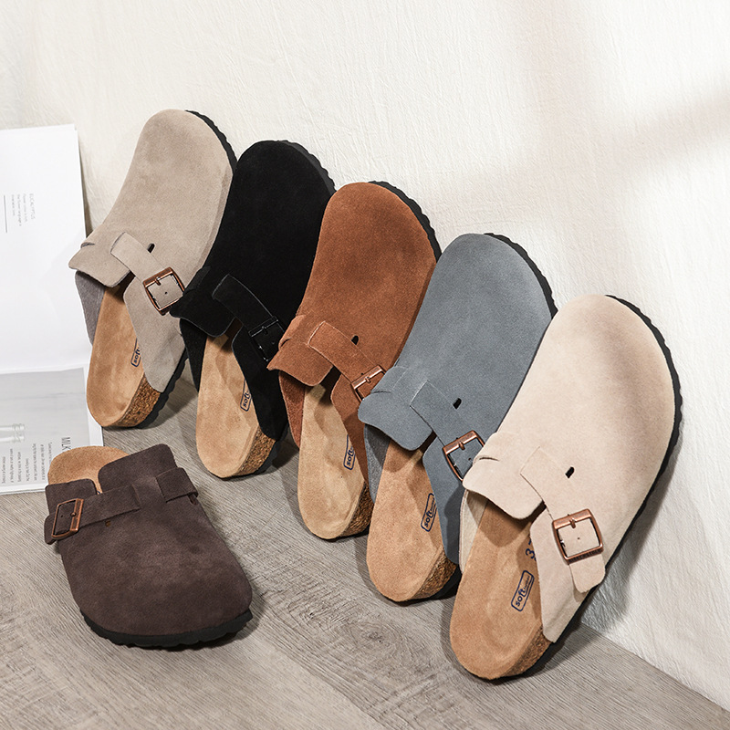 Cross-Border Export Wide Version Soft-Soled Bk Birkenstock Shoes Boston Toe-Cap Slippers Genuine Leather Cork Half-Slip Men's and Women's Birkenstock Shoes