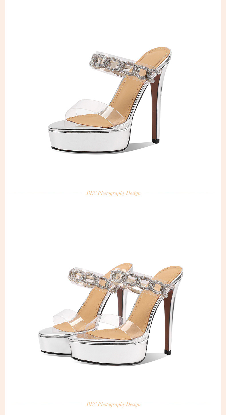 Sandal cao gót nữ quai ngang trong suốt đính đá, gót 13 cm, đế platform — Đen 13cm chi tiết 11