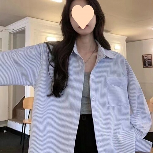 Loose large size blouse Japanese blue striped long-sleeved shirt early autumn new design niche temperament blouse