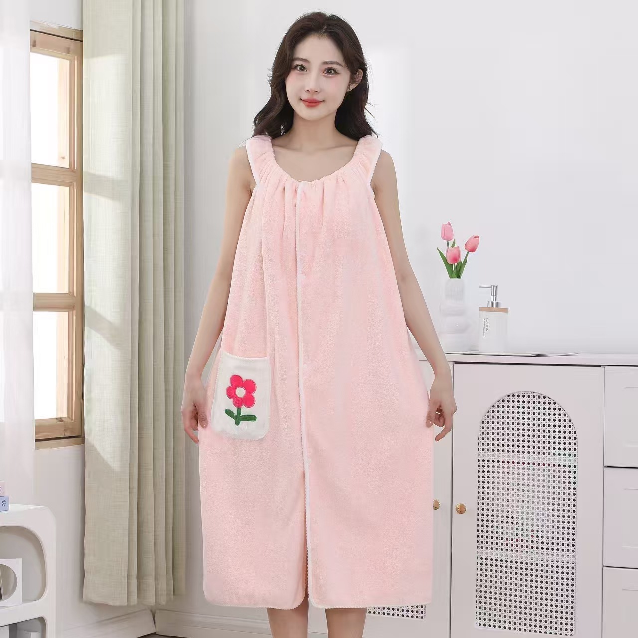 小花吊带浴裙口袋绣花素色女加厚吸水速干浴袍居家休闲珊瑚绒浴裙
