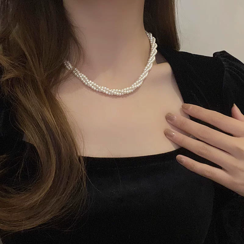 Glass small design necklace from pearl, chain for key bag  with pigtail, light luxury style, trend of season