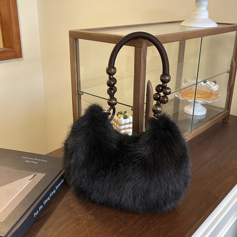 Damen Handtasche Mit Holzperlen Und Kunstfell Schultertasche_voghion.com