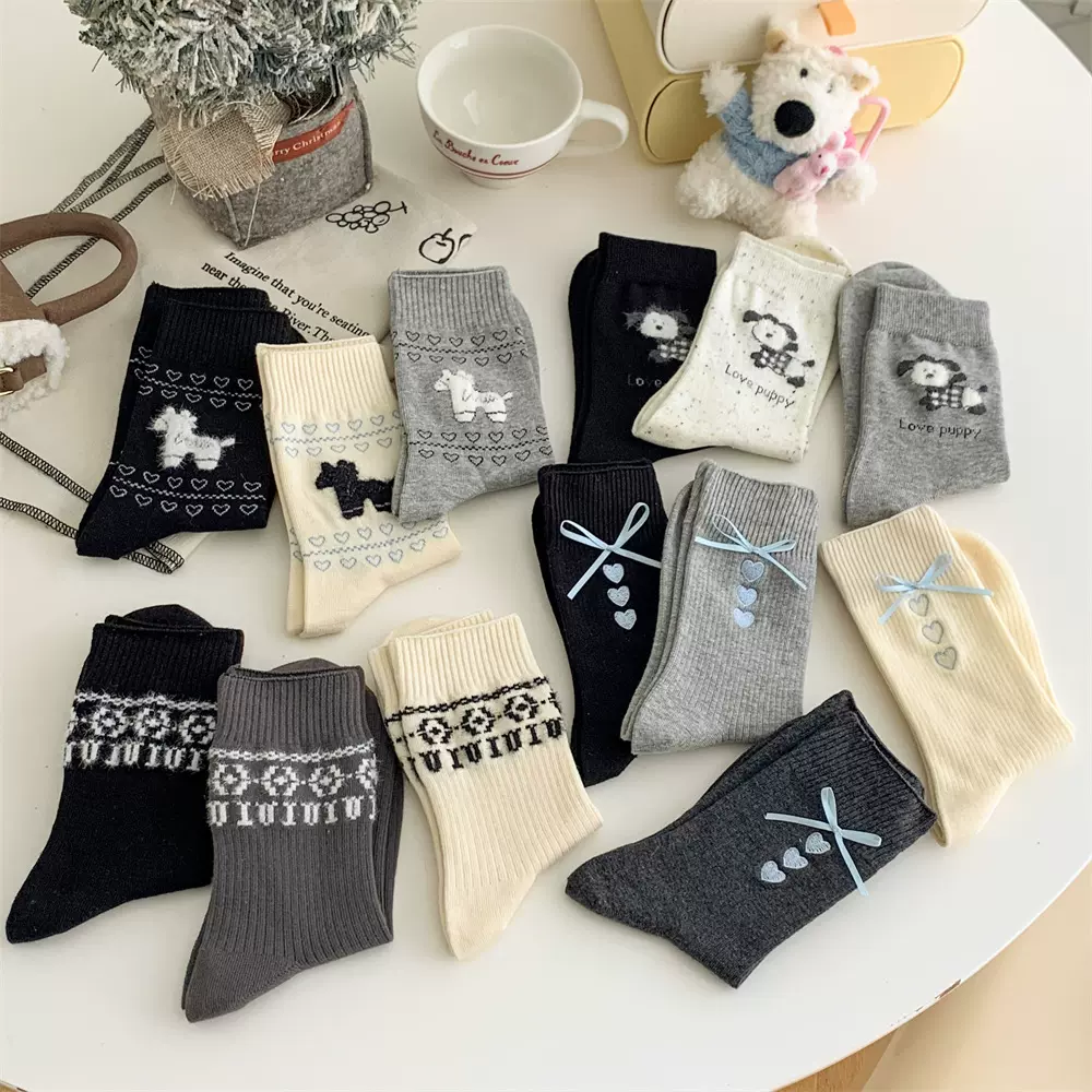 春秋新品费尔岛少女袜韩系ins风中筒袜子蝴蝶结点纱植绒狗堆堆袜