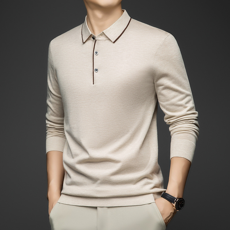 Factory Direct Supply Men's Wool Sweater, Business Thin Style, Turn-Down Collar, Knitted Solid Color Long-Sleeve Polo Shirt, One-Piece Drop Shipping