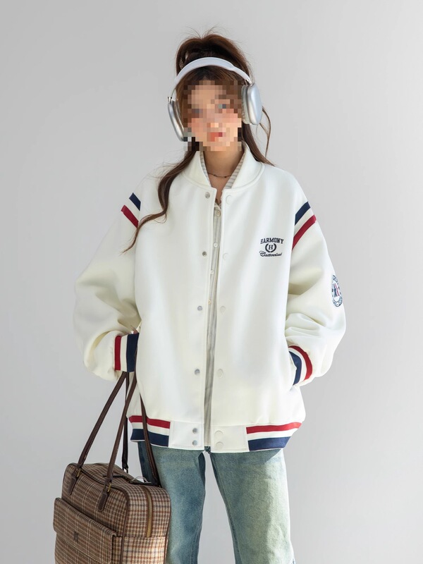 2025美式复古字母刺绣棒球服外套女春秋撞色拼接情侣夹克|undefined