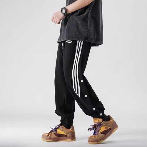 Workwear Pants for Men, American Style Summer Side Striped Buttoned Tapered Sports Pants for Men, Loose Trend Brand High Street Casual Sweatpants