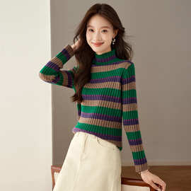 撞色条纹半高领毛衣女秋冬2025新款坑条修身短内搭针织打底衫
