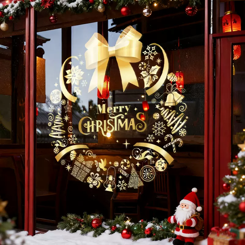 2026圣诞金色蝴蝶结花环节日贴纸布置玻璃门商场橱窗氛围感静电贴