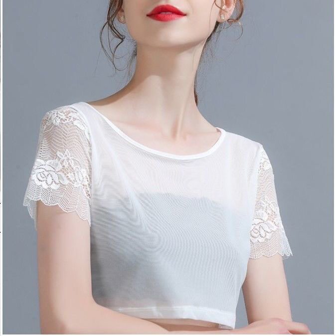 New summer solid color mesh base layer women's half-length t-shirt, short style, lace inner layer, ultra-thin short sleeve