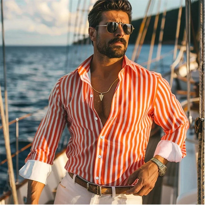 Camisa de manga larga a rayas con sentido de diseño de otoño para hombres sueltos 2024 nuevos tops se pueden usar afuera MB12