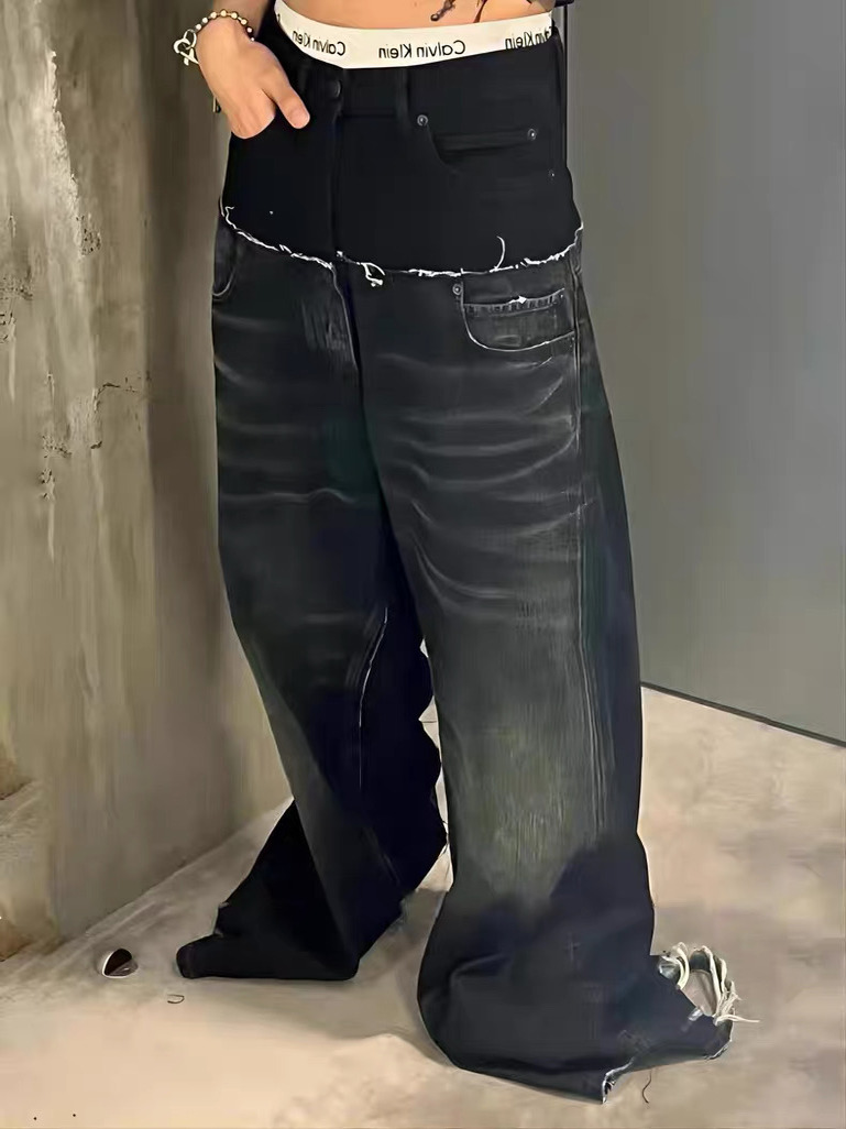 Alta carga 25ss nuevo estilo de resina de la industria pesada más barro teñido arrugado bigote de gato pierna ancha negro azul costuras pantalones de mezclilla para hombres y mujeres marea