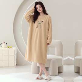 秋冬新款半边绒女长袖睡裙加厚保暖休闲女家居服图片色弹力丝麻棉