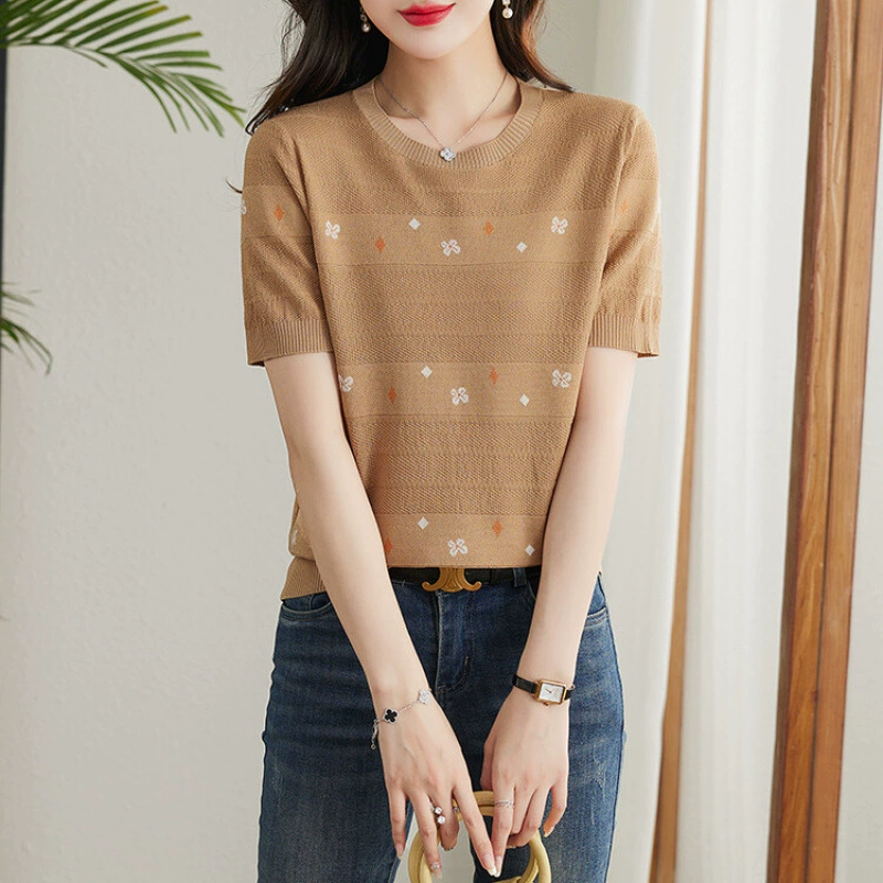 Летняя женская футболка из тонкого шелкового шелка с короткими рукавами, новый вязаный элегантный топ из жаккардового шелка, свободный и облегающий вид.