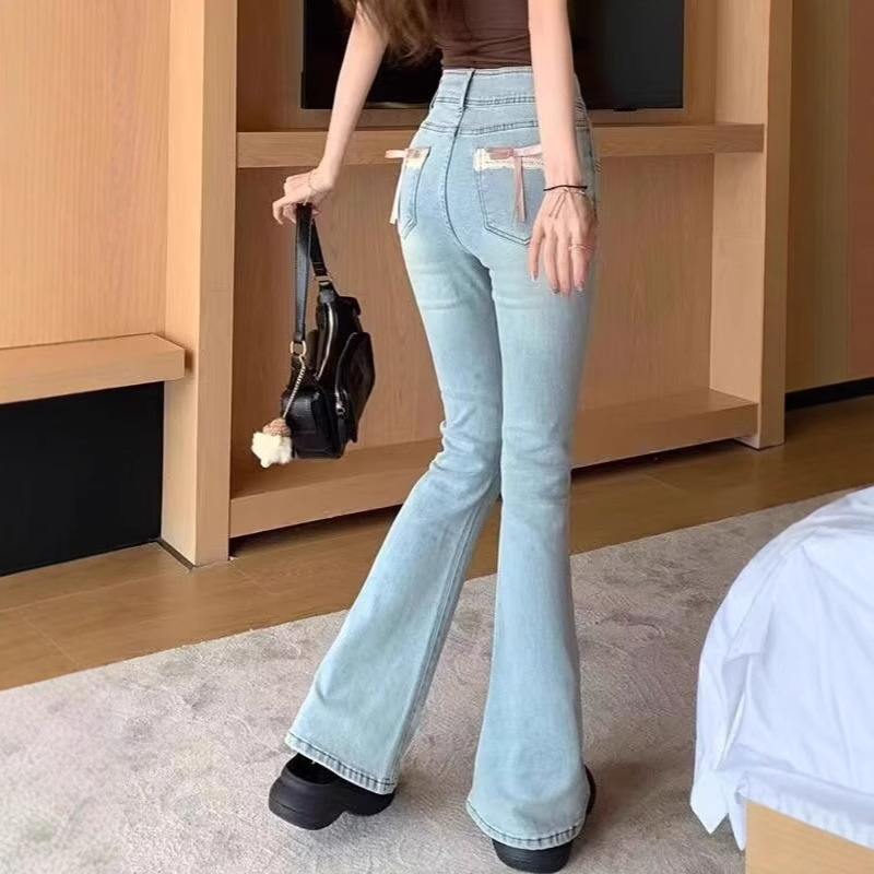 Pink Bow Horn Jeans Women's Autumn Internet Popular Niche Design National Style High Waist Elastic Small Man Mopping the floor
